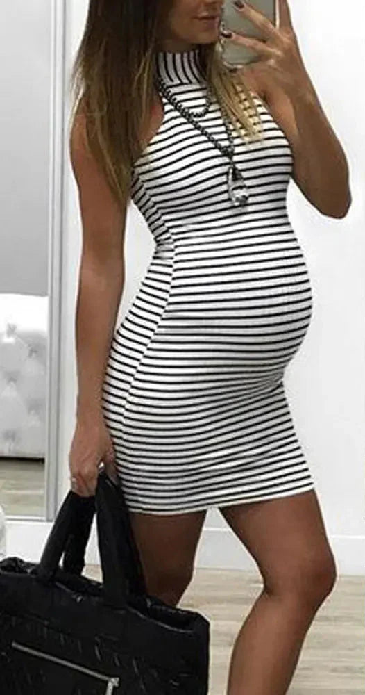 Striped Maternity Dress with Halter Neck Design - # PRGTA11510009
